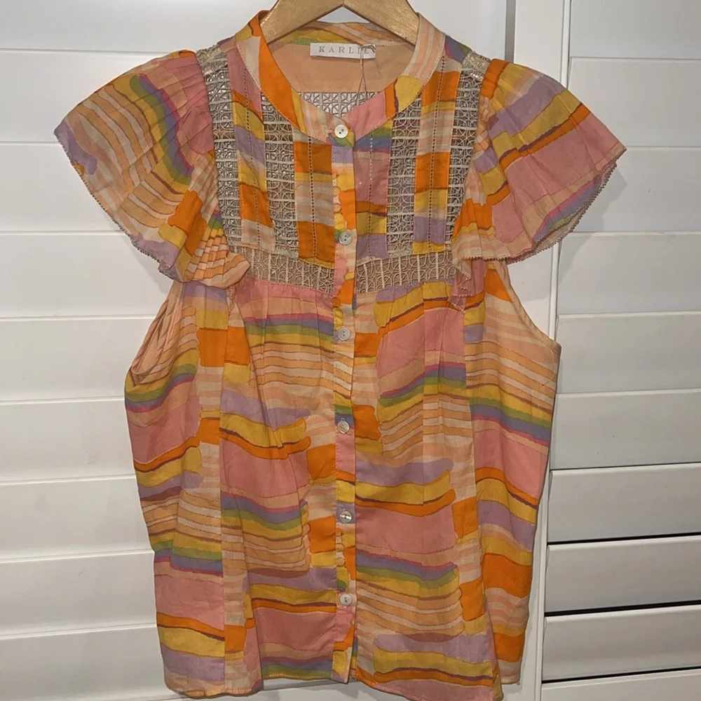 Karlie boho watercolor blouse with ruffle and lace details, NWT - Picture 4 of 10